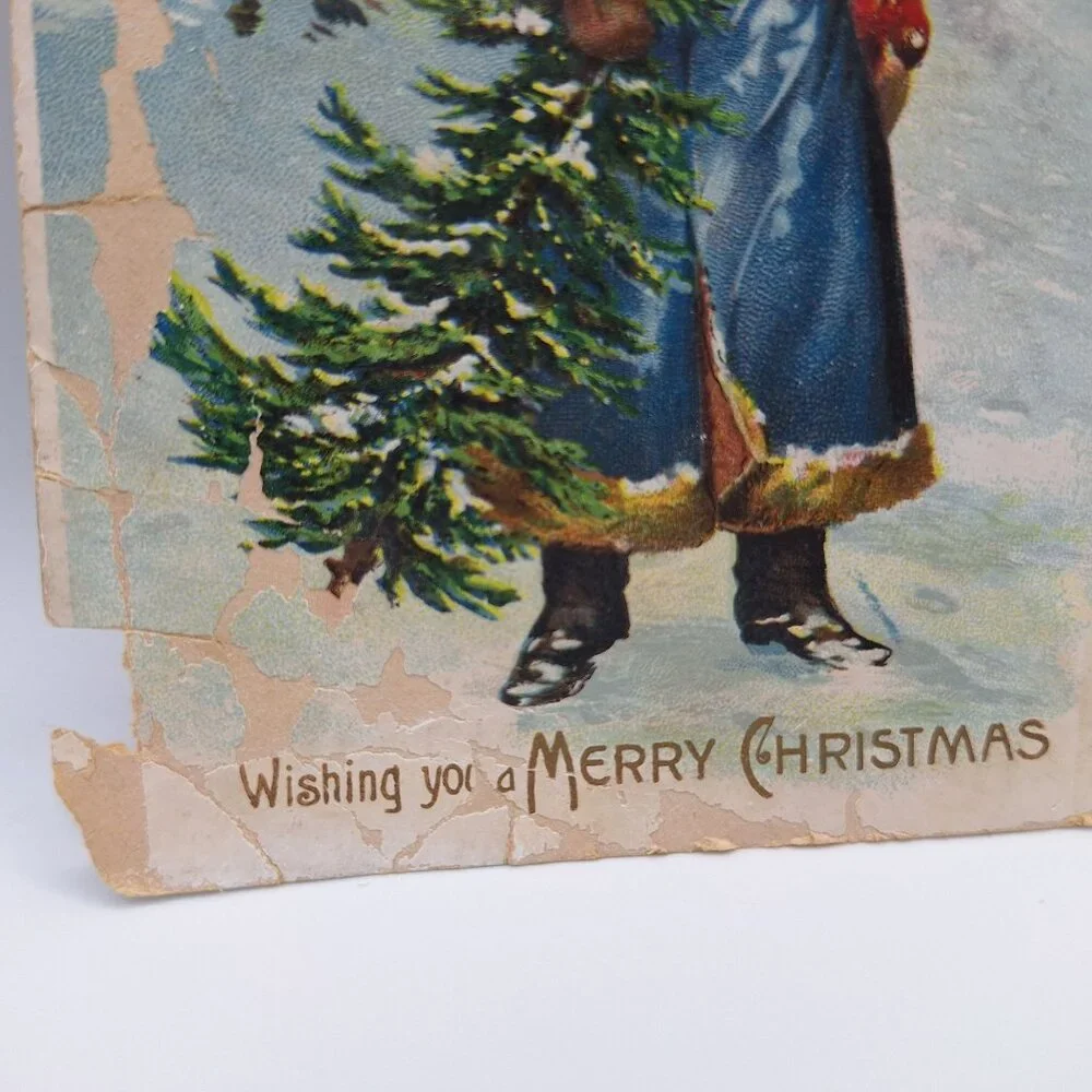 Antique German Santa Claus Christmas Postcard Blue Coat Merry Early 1900 Holiday
